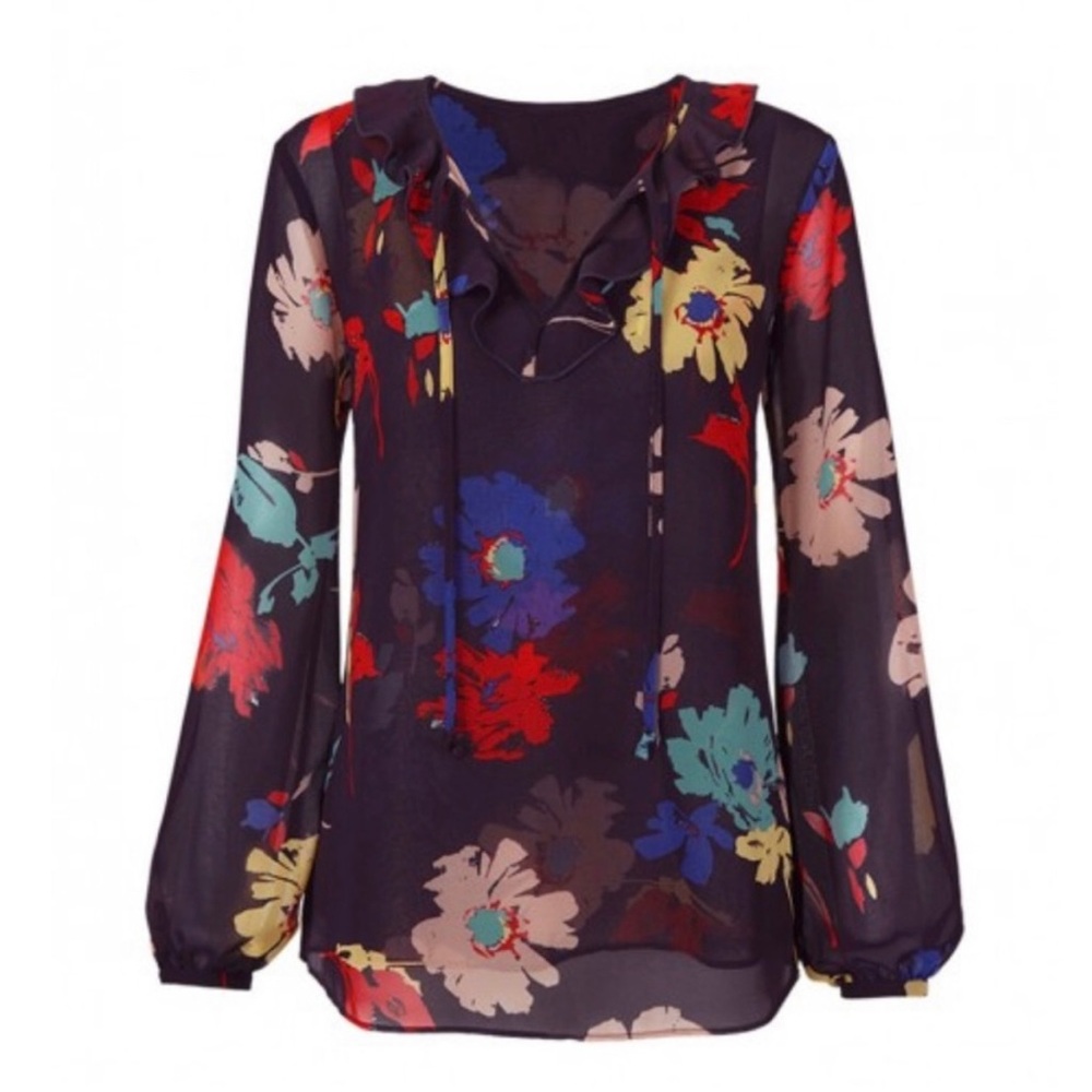 CAbi Juliet Blouse Style 3859 Floral Print Women Plum Top Sheer Ruffle Collar S